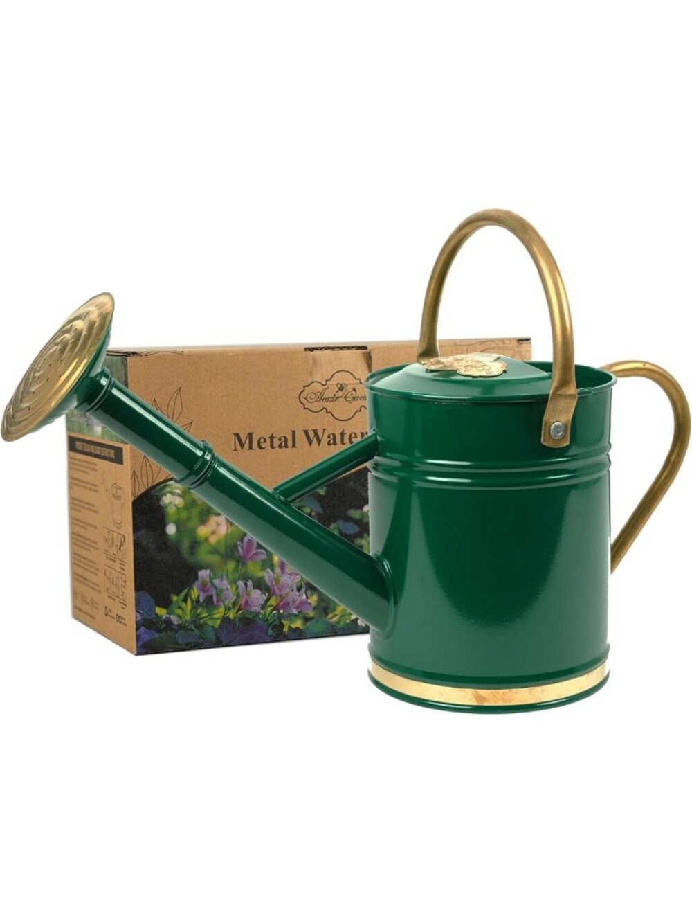 Elegant 1 Gallon Green Metal Watering Can with Brass Accents - Garden Essential